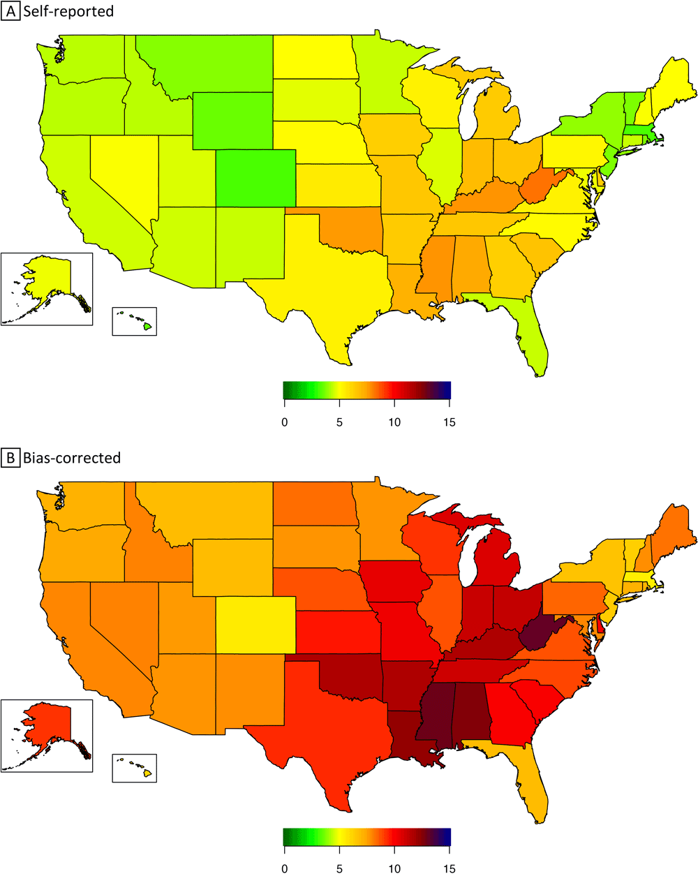 Prevalence of self-reported (panel A) and bias-corrected (panel B) severe obesity (body mass index ≥40) among US adults, by state, Behavioral Risk Factor Surveillance System, 2020. Body mass index is calculated as weight in kilograms divided by height in meters squared.