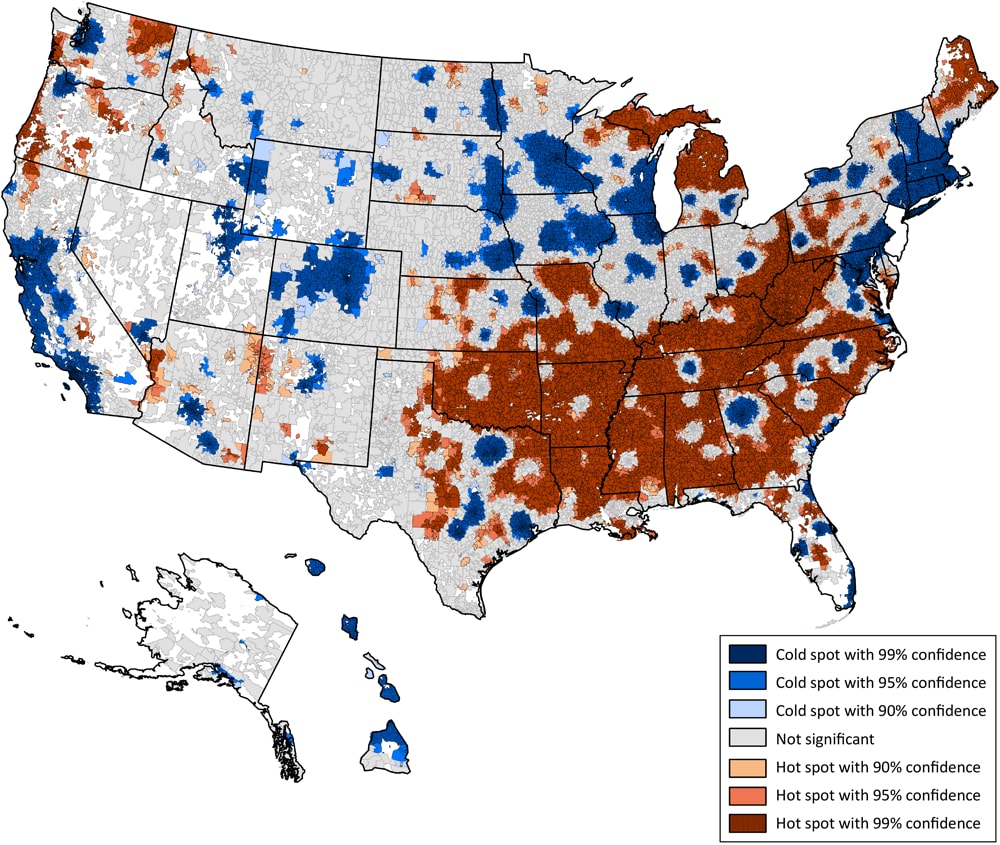 Hot Spot analysis of chronic disease prevalence scores throughout the US calculated in ArcGIS Pro (Esri) showing significant spatial clusters of high chronic disease prevalence scores (red clusters = hot spots) and low chronic disease prevalence scores (blue clusters = cold spots).