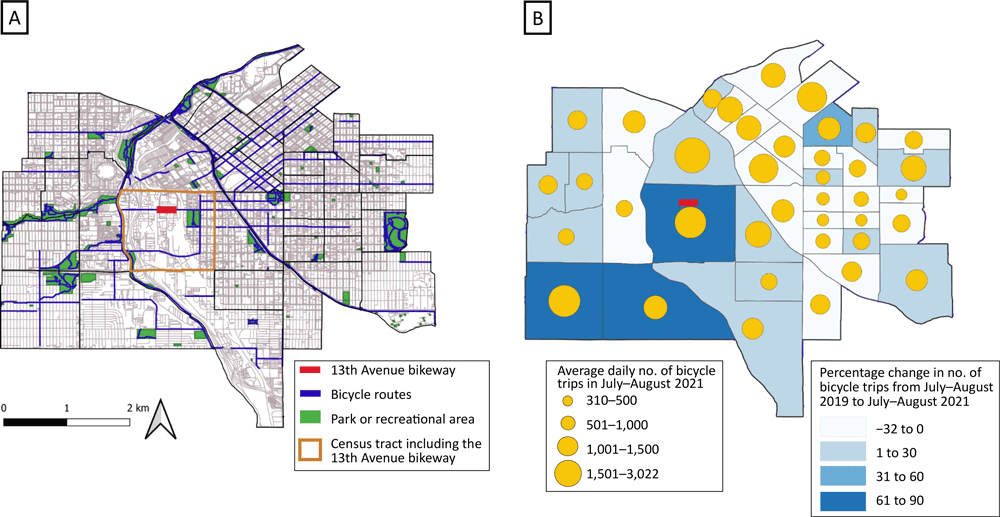 23_0325_01 Maps can highlight connections of bicycle networks to amenities such as parks, which can facilitate physical activity through active transportation. Mapping bicycling volume after a community design intervention can provide information about the value of infrastructure investments to increase physical activity. A. Bicycle routes, parks, recreational areas, and the newly constructed 13th Avenue bikeway in downtown Denver, Colorado. B. Average daily bicycle volume in 2021 and percentage change in bicycle volume from July–August 2019 (before) to July–August 2021 (after) construction of the 13th Avenue bikeway in downtown Denver, Colorado.