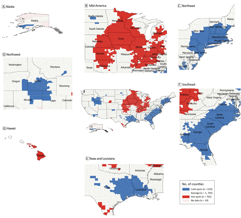 24_0046_01 Changes in total cancer death rates at the county level between 2004–2008 and 2014–2018 in the US.