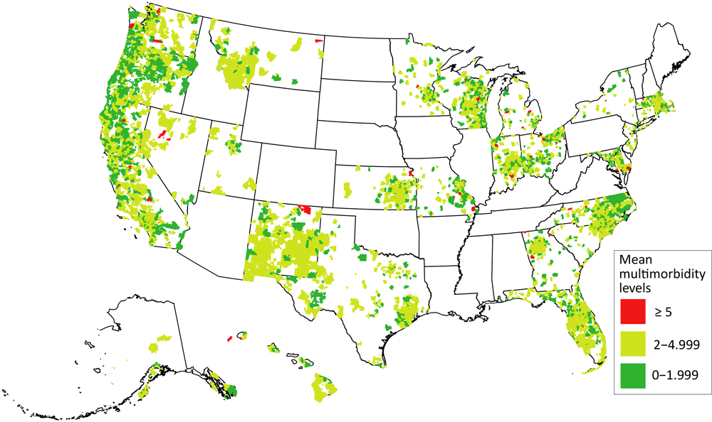 24_0060_01 Mean multimorbidity levels for US, by ZCTA. Source: ADVANCE Clinical Research Network (14), 2012–2019. Abbreviation. ZCTA, zip code tabulation area.