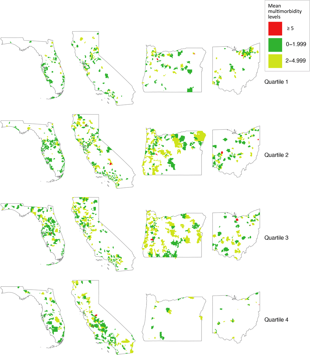 24_0060_02 Distribution of mean multimorbidity levels by ZCTA for selected states (Florida, California, Oregon, and Ohio) and Social Deprivation Index quartiles. Source: ADVANCE Clinical Research Network (14), 2012–2019. Abbreviations: SDI, Social Deprivation Index; ZCTA, zip code tabulation area.