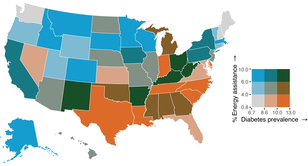 24_0087_02 Bivariate map of the age-standardized percentage of ever receiving energy assistance and diagnosed diabetes prevalence by US states, 2020. Note: Cutoffs of ever receiving energy assistance and diabetes prevalence were established based on tertiles. Sources: 2020 Residential Energy Consumption Survey (RECS) (6); 2020 Centers for Disease Control and Prevention’s US Diabetes Surveillance System.