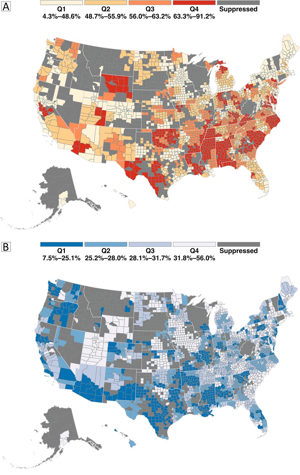 24_0185_01 Prevalence of hypertension and hypertension control among US adult patients aged 18 years or older in 2022. Maps display county-level prevalence in quartiles of hypertension (Map A) and hypertension control (Map B) among adult patients in the IQVIA Ambulatory Electronic Medical Record-US database (1) in 2022. On Map A, the darker the color, the higher the hypertension prevalence, and on Map B, the darker the color, the lower the hypertension control prevalence among adults with hypertension. Suppressed counties (those with estimates that did not meet the National Center for Health Statistics rules) (2) were colored in dark gray on both maps.
