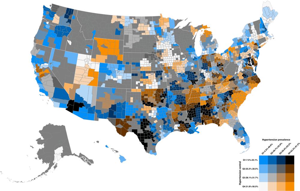 24_0185_02 Bivariate map of hypertension prevalence and control among US adult patients aged 18 years or older in 2022.