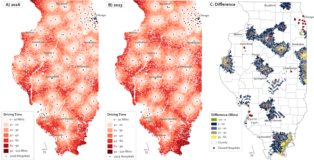 24_0332_01 Three maps depict driving time from Illinois census blocks to the nearest birthing hospital in 2016 (Map A) and 2023 (Map B). Driving time to the nearest birthing center increased near hospital closures, particularly in the east and southeast, near Kankakee and Carbondale (Map C). Source: Illinois Department of Public Health, US. Census Bureau.