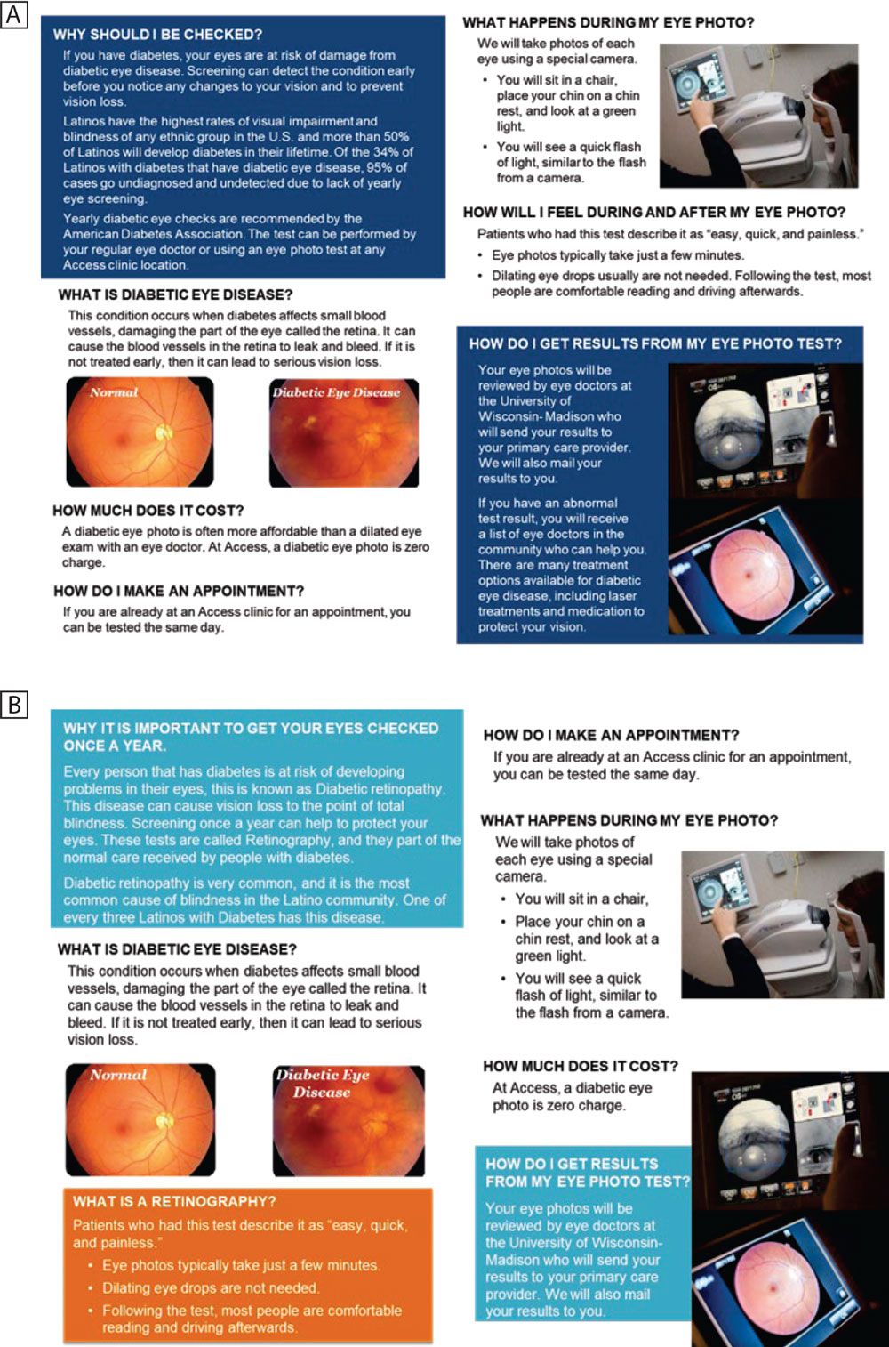 24_0381_Appendix_English Figure. Sample of a flyer in Spanish modified by the community advisory board for project TeleOjo. Panel A is the original flyer, a version of what was already being used in English. Panel B is the flyer after modifications by community advisory board members. The English translation of this flyer appears below the flyer in Spanish.