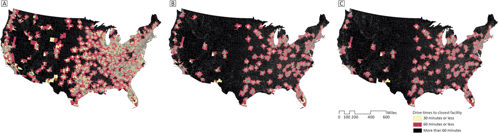 24_0429_02 Maps of census tracts within versus beyond 30- or 60-minute drive time of A) any certified stroke care (ie, ASRH, PSC, TSC, or CSC); B) advanced stroke care (ie, TSC or CSC); and C) comprehensive stroke care (CSC) only. Abbreviations: ASRH, Acute Stroke–Ready Hospital; CSC, comprehensive stroke center; PSC, primary stroke center; TSC, thrombectomy-capable stroke center.