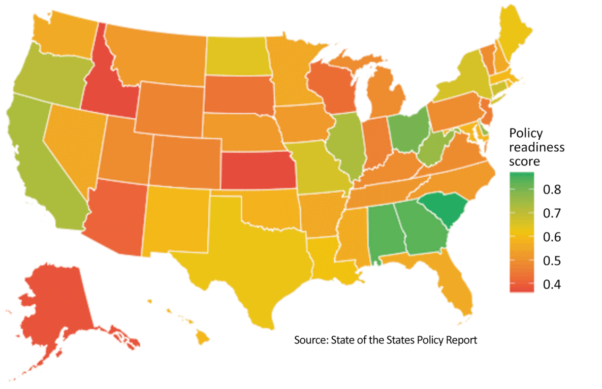 A choropleth map of the US that displays composite state-level fitness testing policy readiness scores for elementary schools.