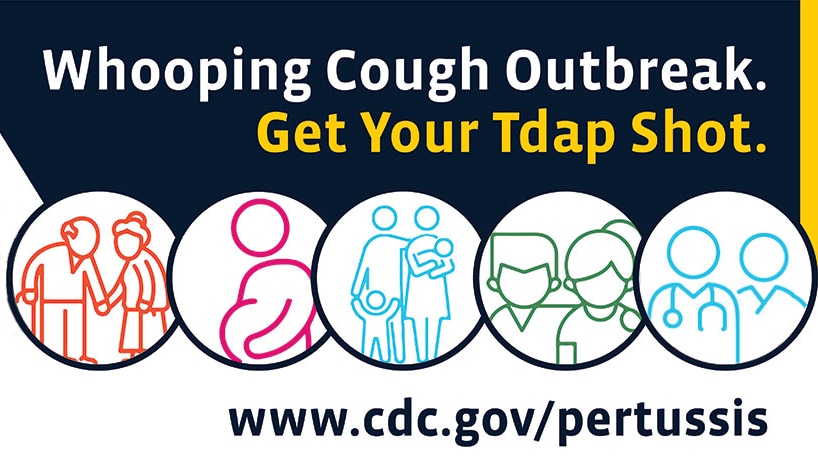 A poster promoting Tdap vaccination during whooping cough outbreaks.