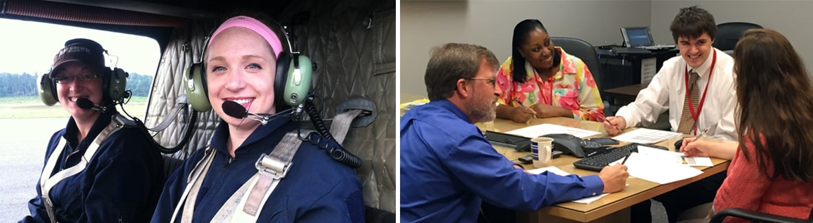 Two Photos: First image shows two associates in the field preparing for helicopter transport. Second image shows a group of asociates in an office setting meeting with a health department official.