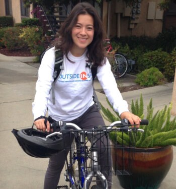 Sachiko Oshima on a bicycle
