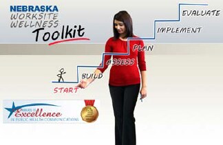 Photo: The photo shows a woman pointing at the steps involved in the Nebraska Worksite Wellness Toolkit. The steps are 1) Start, 2) Build, 3) Assess, 4) Plan, 5) Implement and 6) Evaluate.