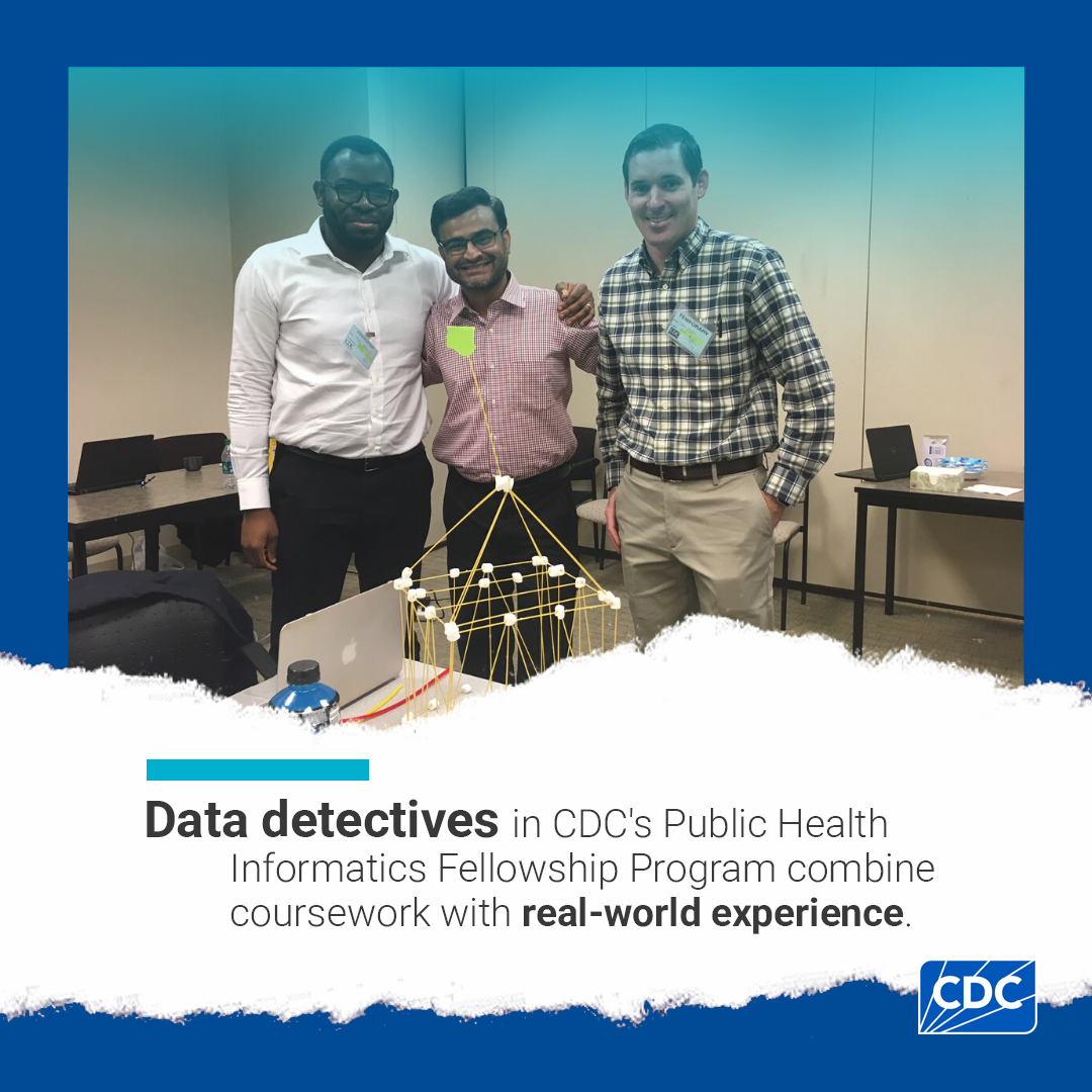 Three PHIFP fellows with arms around each other. Caption reads:" Data detectives in CDC's Public Health Informatics Fellowship Program combine coursework with real-world experience."