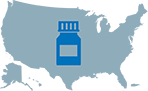 Blue prescription bottle transposed over a map of the continental United States.