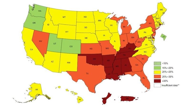 Color-code US map showing overall physical inactivity prevalence in states.