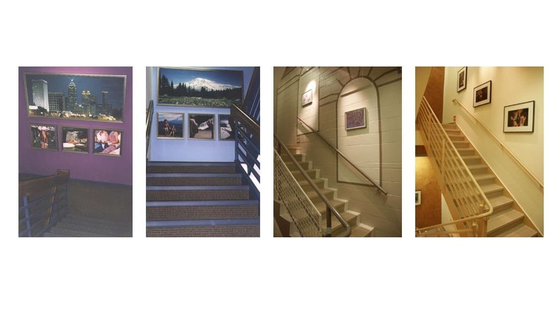 Pictures of four colorful stairwells with framed art on walls.