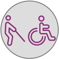 A person walking with a cane. A person in a wheelchair.