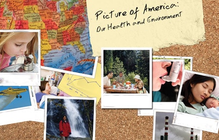 Image of a corkboard with a variety of images featuring maps, people, and the environment