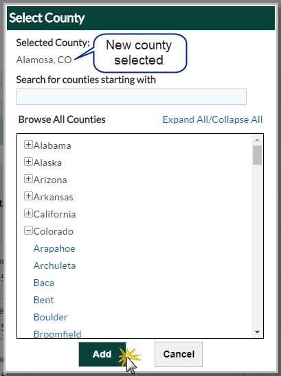 Select a new county from Browse all Counties list to replace the original selection and click the Add button