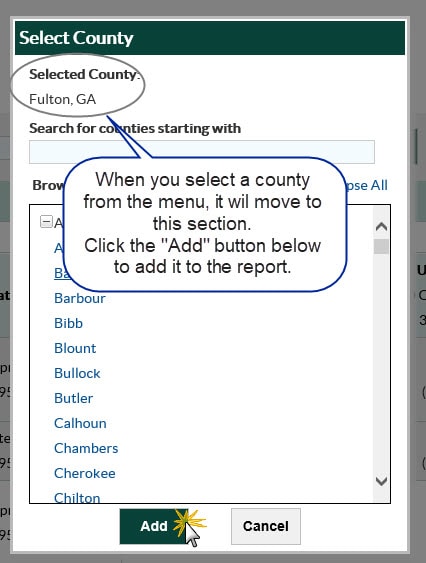 Select a county then click the add button to add it to the report