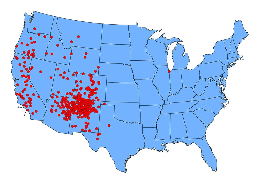 Human plague cases in the United States, 1970-2018. All naturally occurring cases of human plague occur in the western United States, with a majority of cases clustering in northern New Mexico and Arizona and southern Colorado.