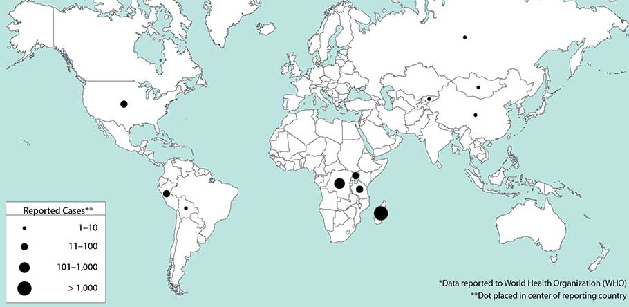 Plague occurs on all continents except Europe and Australia. Central and east Africa have the most reported plague for the years 2000-2009. Additional clusters of cases during this time period occurred in northern Africa, central Asia, southeast Asia, China, India, Madagascar, Peru, and the United States.