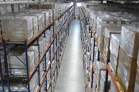 stocked shelves in a warehouse