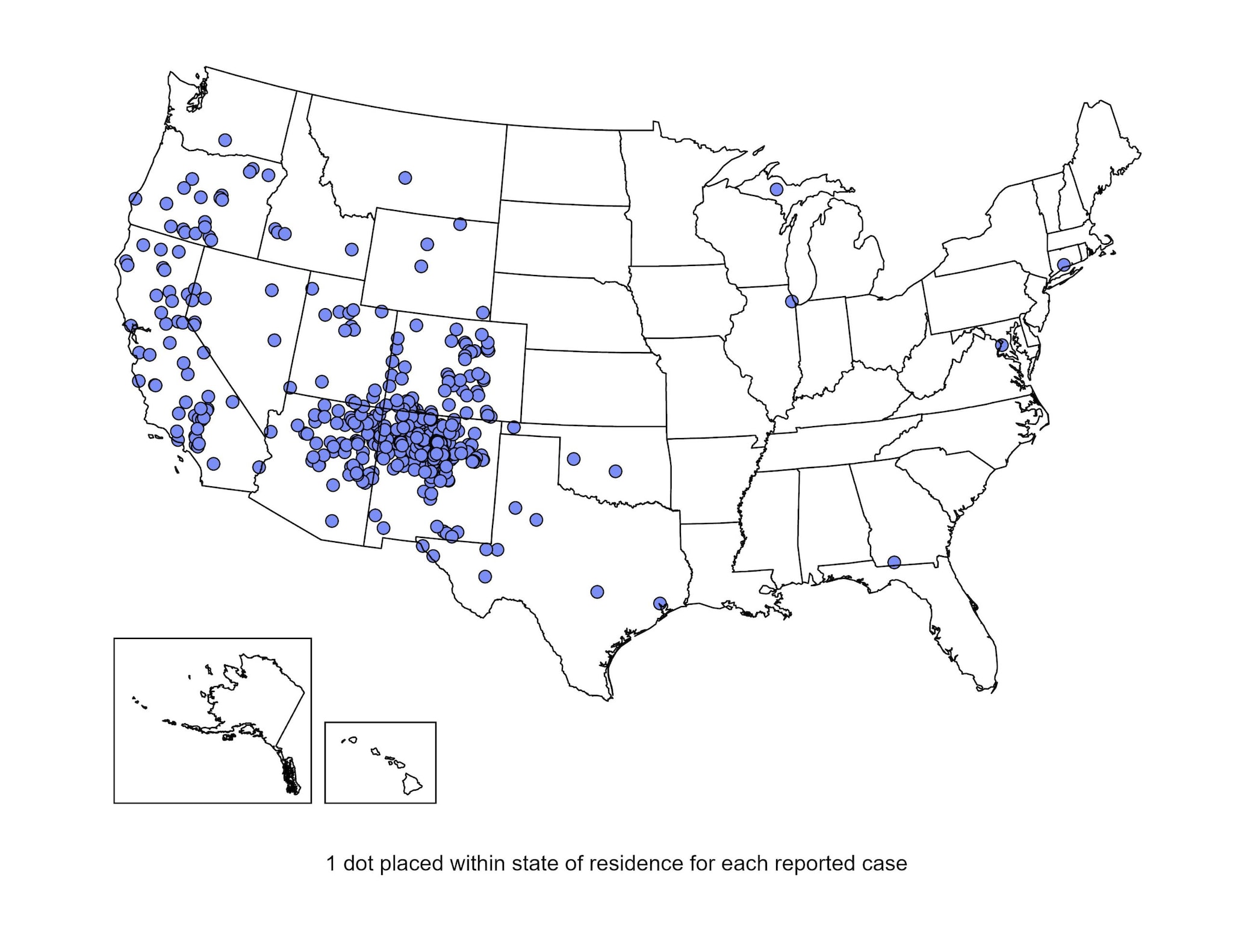 Map of reported human plague cases in the United States, 1970-2022.