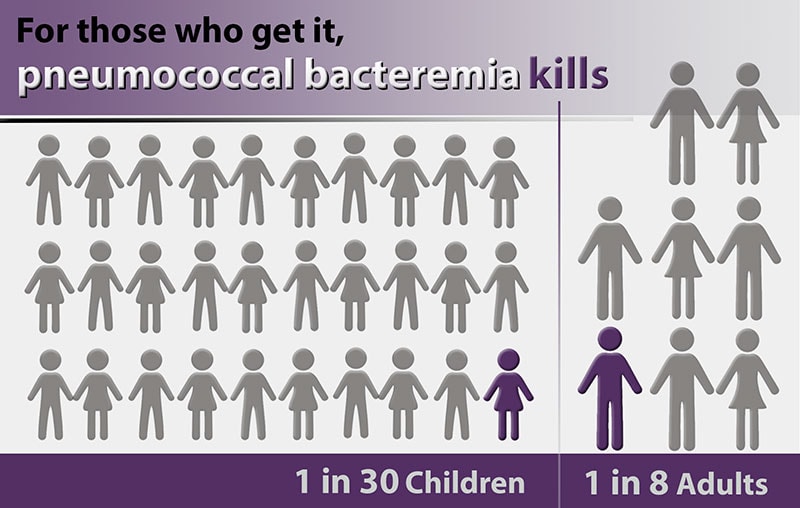 For those who get it, pneumococcal bacteremia kills 1 in 30 children, 1 in 8 adults