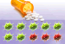 Illustration of antibiotic pills spilled over and 10 bacteria of which 3 are resistant to antibiotics.