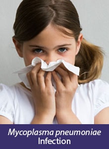 Girl blowing nose, label: Mycoplasma pneumoniae Infection
