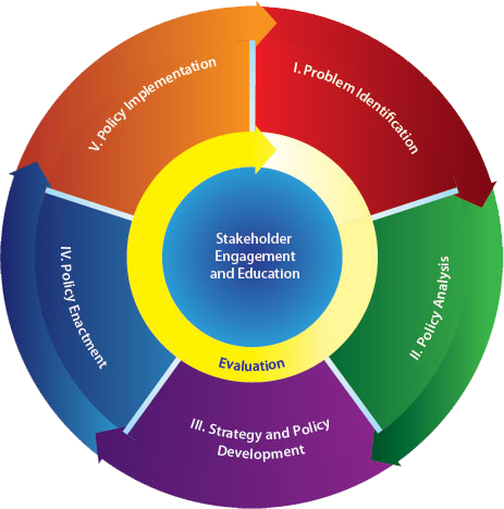 Policy Process: problem identification, policy analysis, strategy/policy development, policy enactment, stakeholder engagement, education and evaluation.