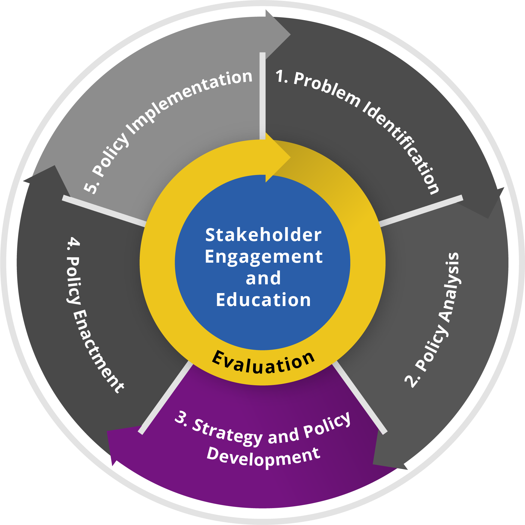 Stakeholder engagement and education wheel, strategy and problem identification highlighted