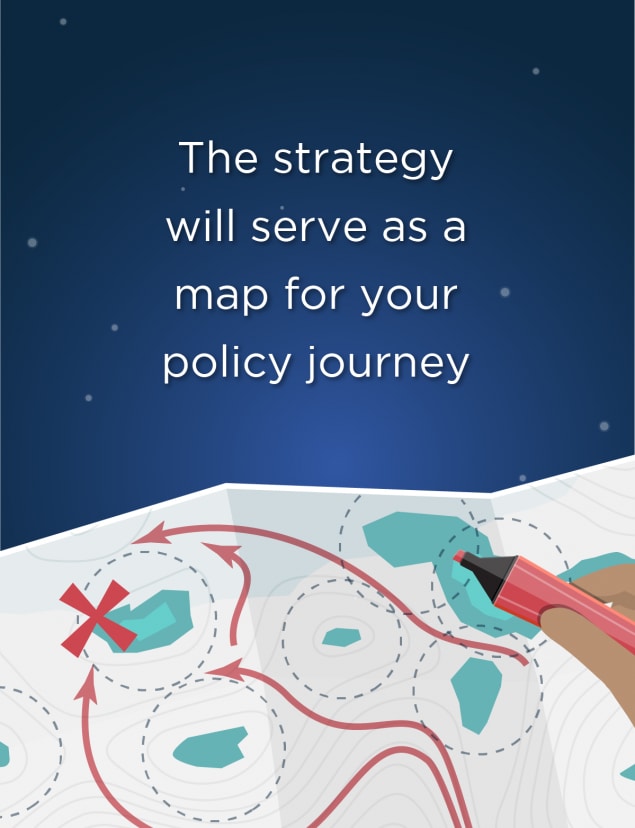 Image of a person's hand annotating a map with a marker, with the words 'The map will serve as a map for your policy journey'