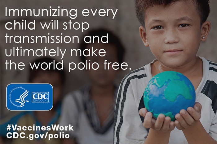 Immunizing every child will stop transmission and ultimately make the world polio free. HHS/CDC logo #VaccinesWork cdc.gov/polio