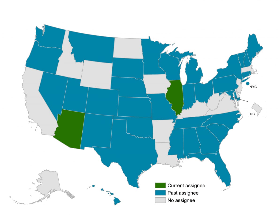 Map shows Illinois and Arizona as current assignees. Alaska, Arkansas, California, Deleware, Idaho, Iowa, Kentucky, Louisiana, Massachusetts, North Dakota, New Jersey, Virginia, West Virginia, Wyoming and District of Columbia as no assignees and the rest as past assignees.