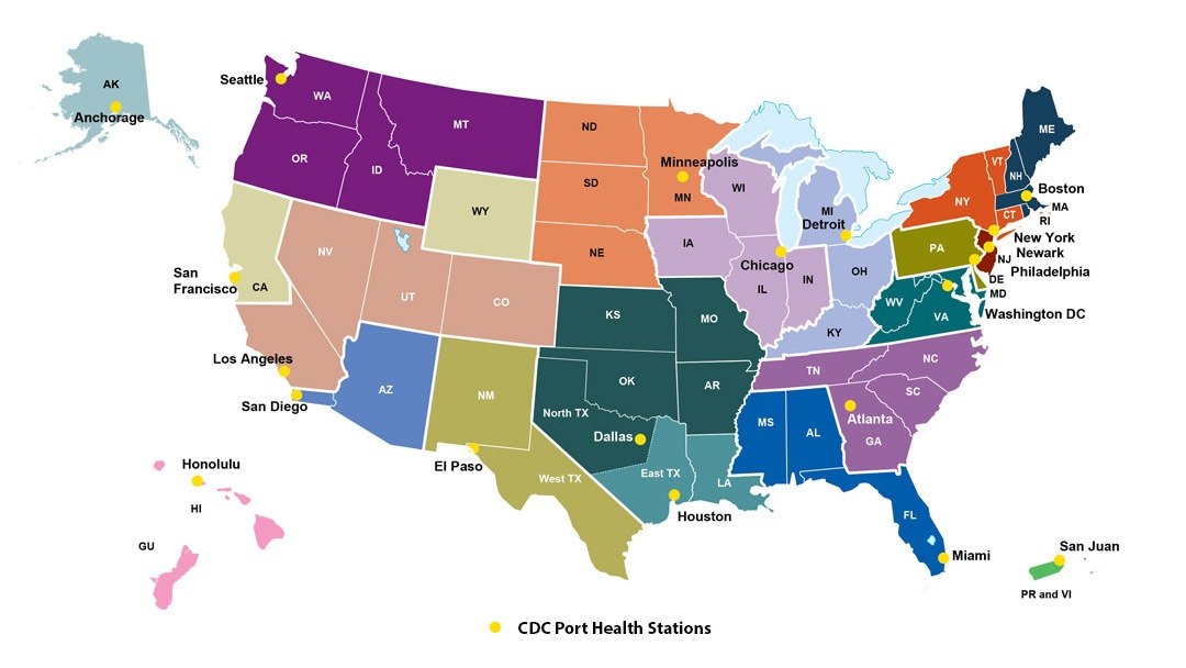 Colored map of the United States showing the regions port health stations serve and the locations for port health stations