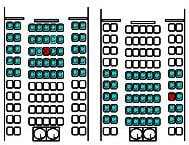 Red seat on plane indicates example index patient and blue-green seating area represents the example contact zone.