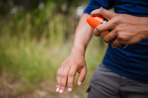 Person spraying insect repellent on their arm.