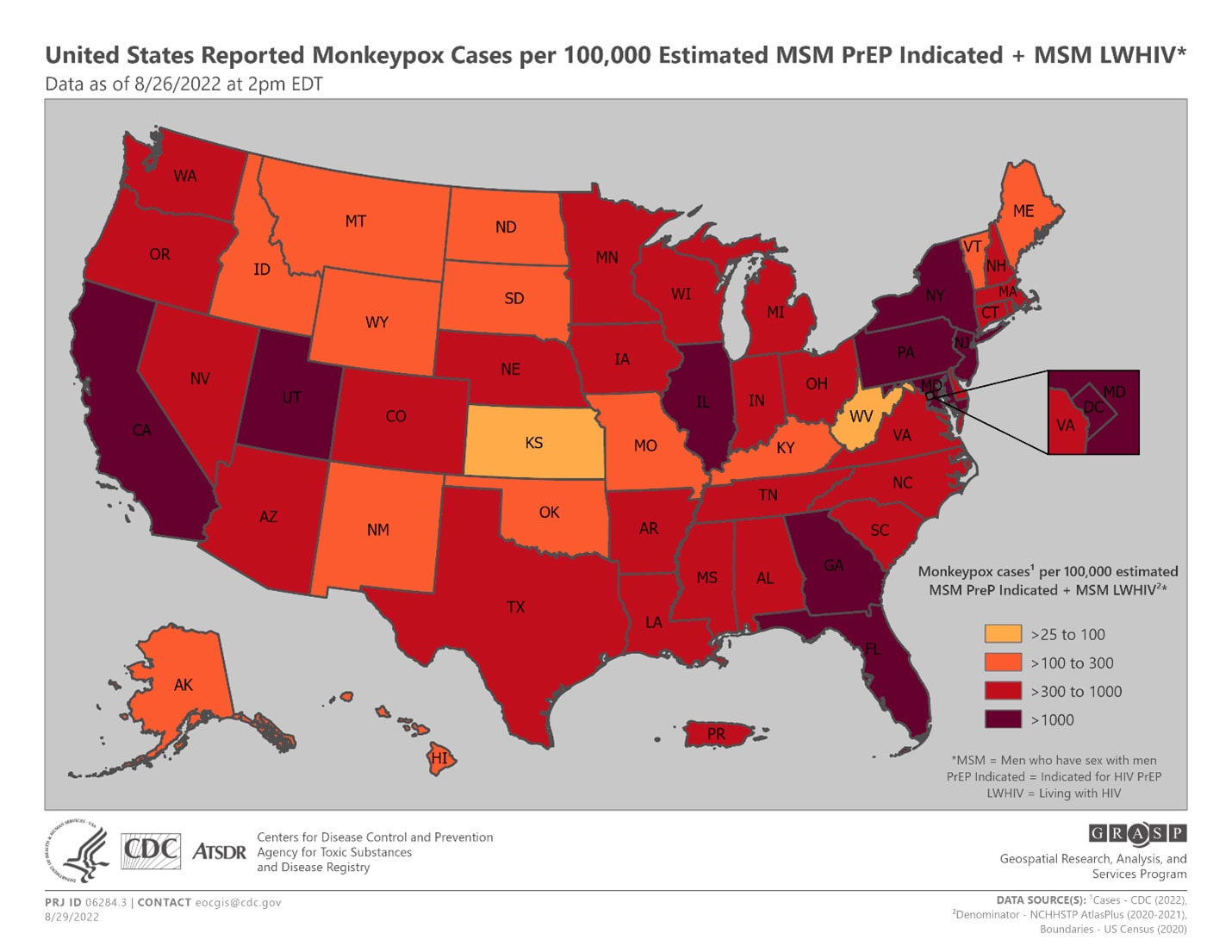 U.S. Map of Monkeypox Cases per 100,000 as of 8/26/22.
