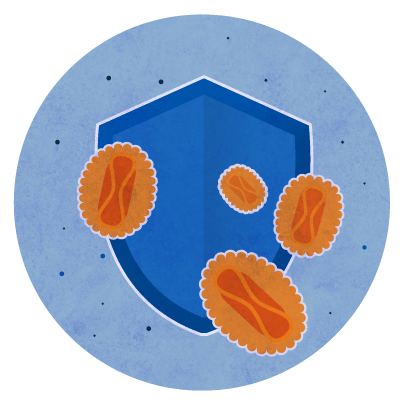 Escudo azul con formas redondas anaranjadas que representan la viruela símica o del mono superpuestas encima