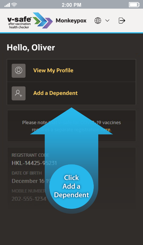 Captura de pantalla de la aplicación V-Safe con el paso 4 para añadir dependientes.