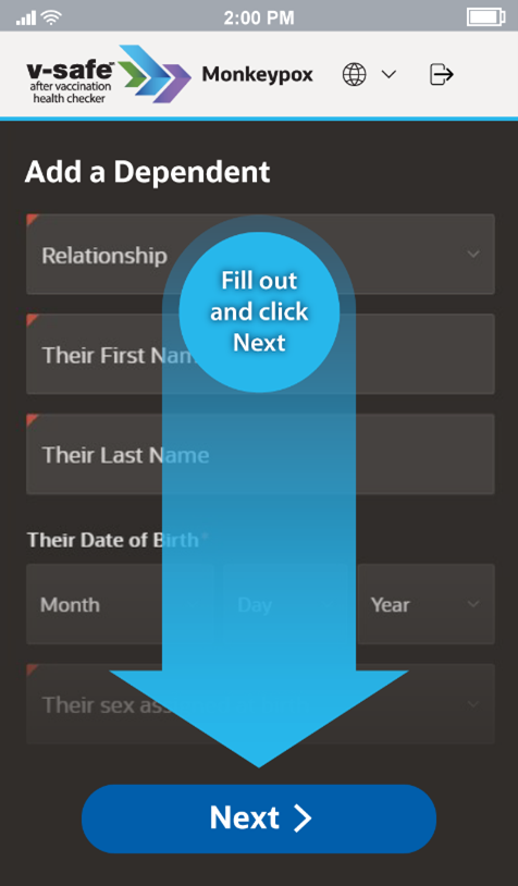 Captura de pantalla de la aplicación V-Safe con el paso 5 para añadir dependientes.