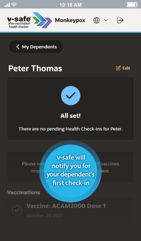 Captura de pantalla de la aplicación V-Safe con el paso 12 para añadir dependientes.