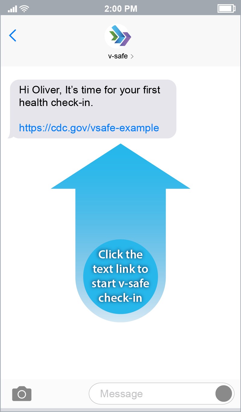 V-safe screen showing click the text link to start self-check-in.