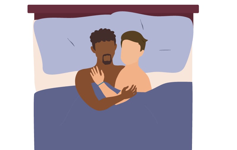 illustration of couple snuggling in bed