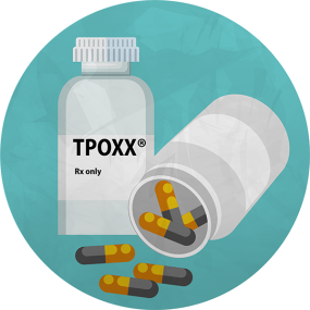 Graphic of two bottles of TPOXX, one is open and spilling pills
