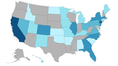 United States map depicting vaccine data