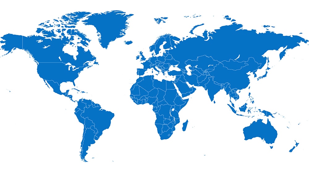 World map colored blue on white background